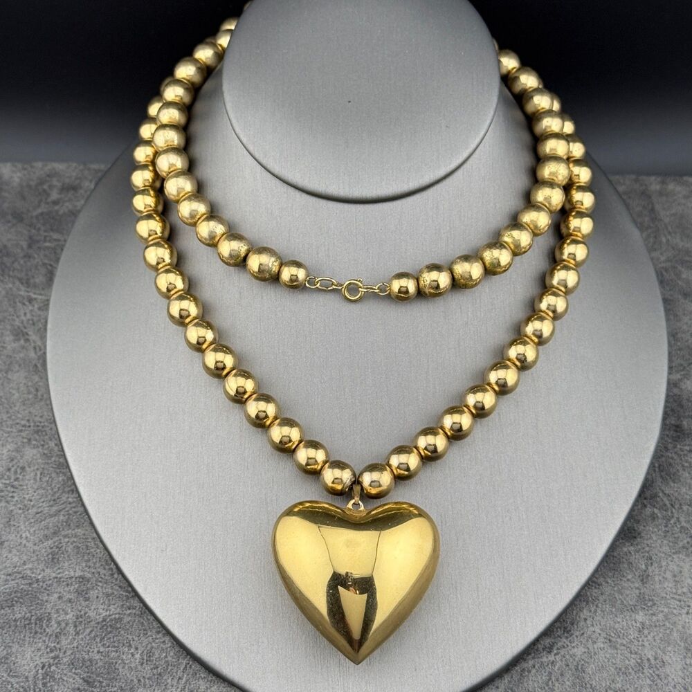 Vintage Costume Gold-tone Metal Necklace Chunky Puffy Heart Round Beads Chain